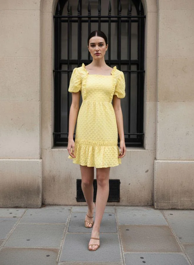 Freehand  Women Regular Fit Textured Square Neck Half Sleeves Ruffle Dress for Women | Best Price UAE